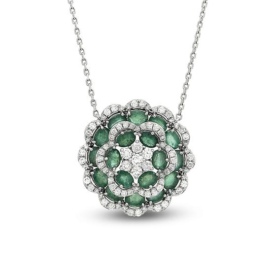 18K White Gold Diamond And Emerald Flower Pendant