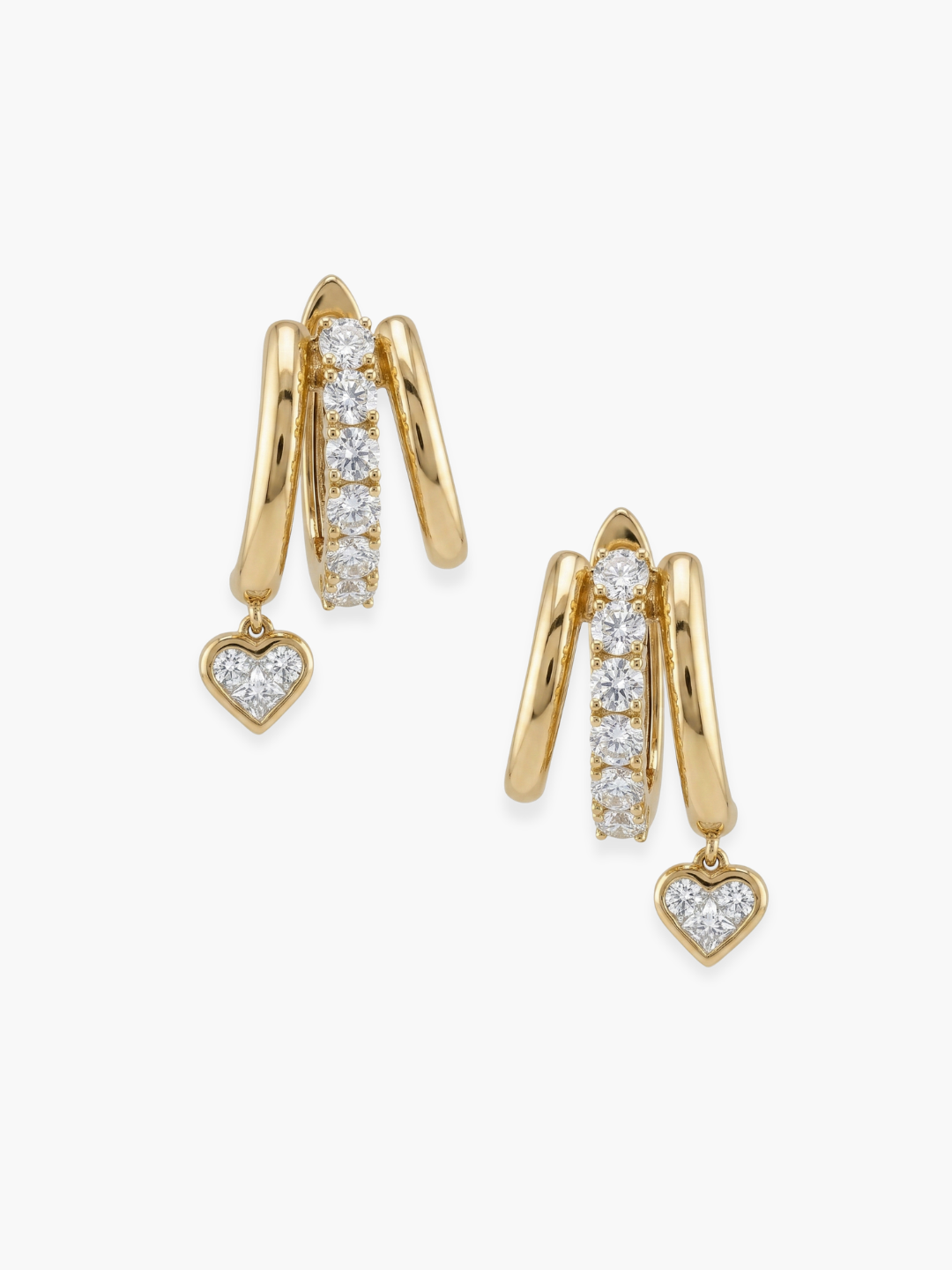 18k Yellow Gold Heart Shaped Diamond Hoops Earrings