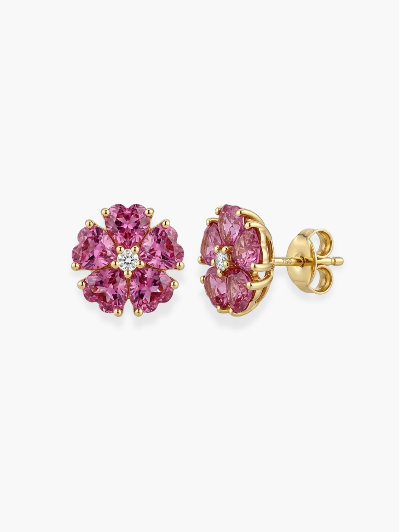 18k Yellow Gold Pink Sapphire Flower Shaped Earrings