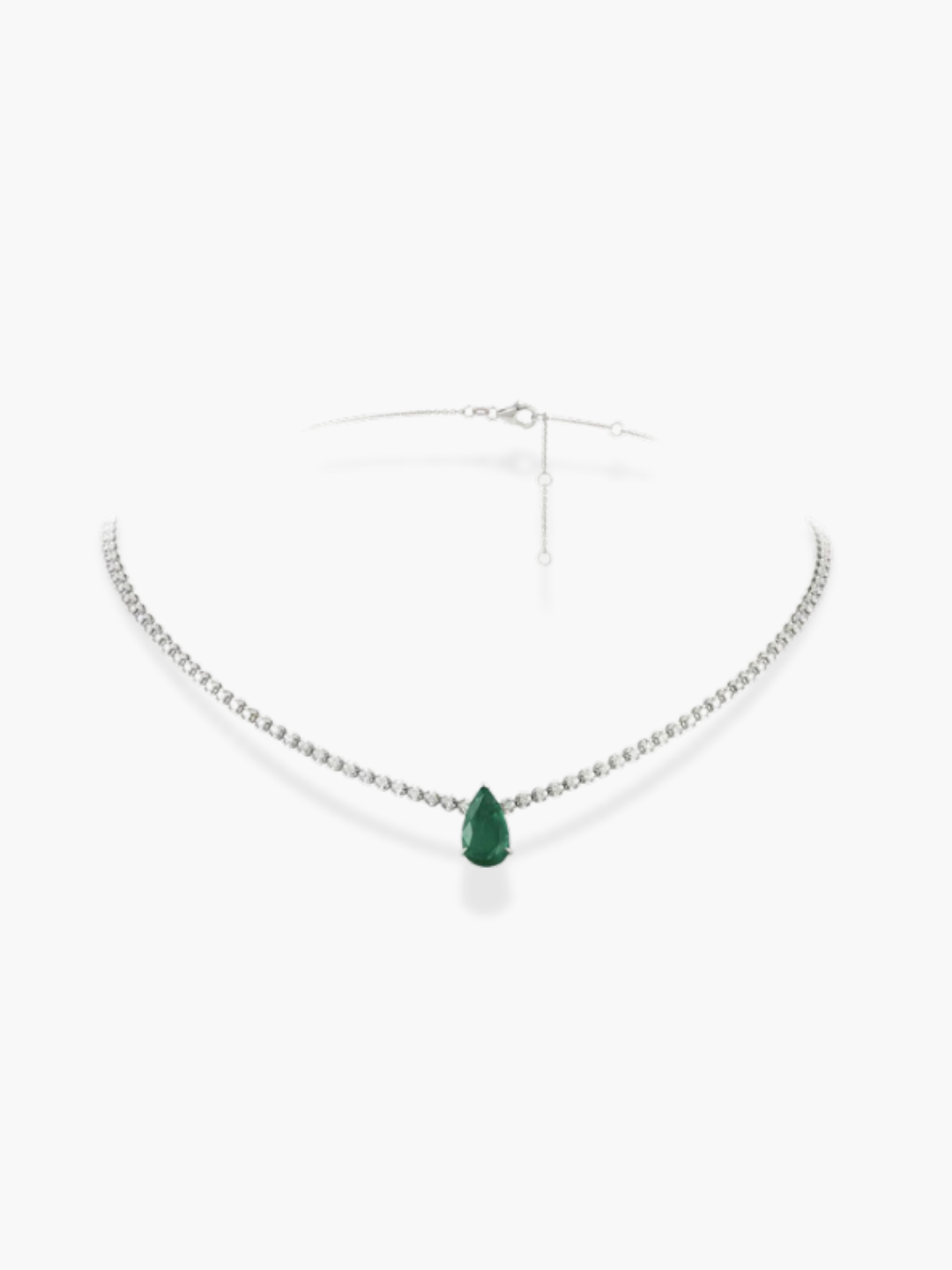 18k white gold diamond and emerald pear shaped necklace