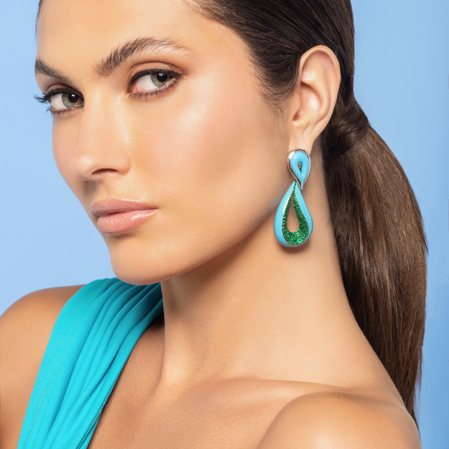 18k white gold turquoise and emerald earrings