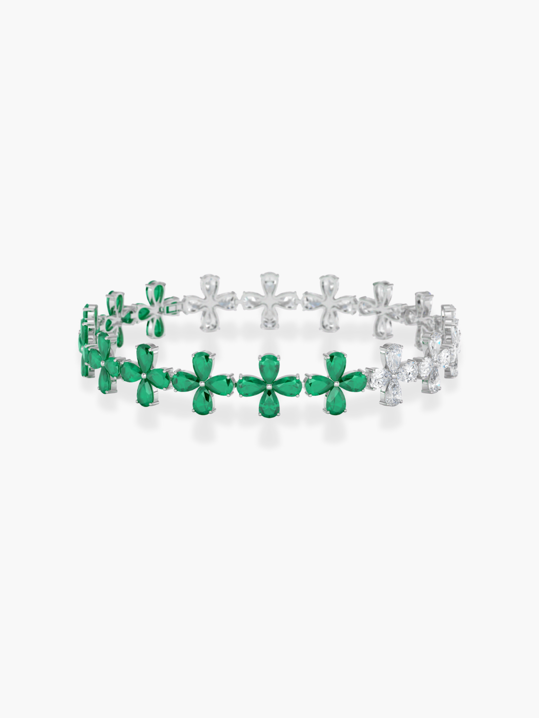 18k White Gold Diamond and Emerald Flower Shape Bracelet