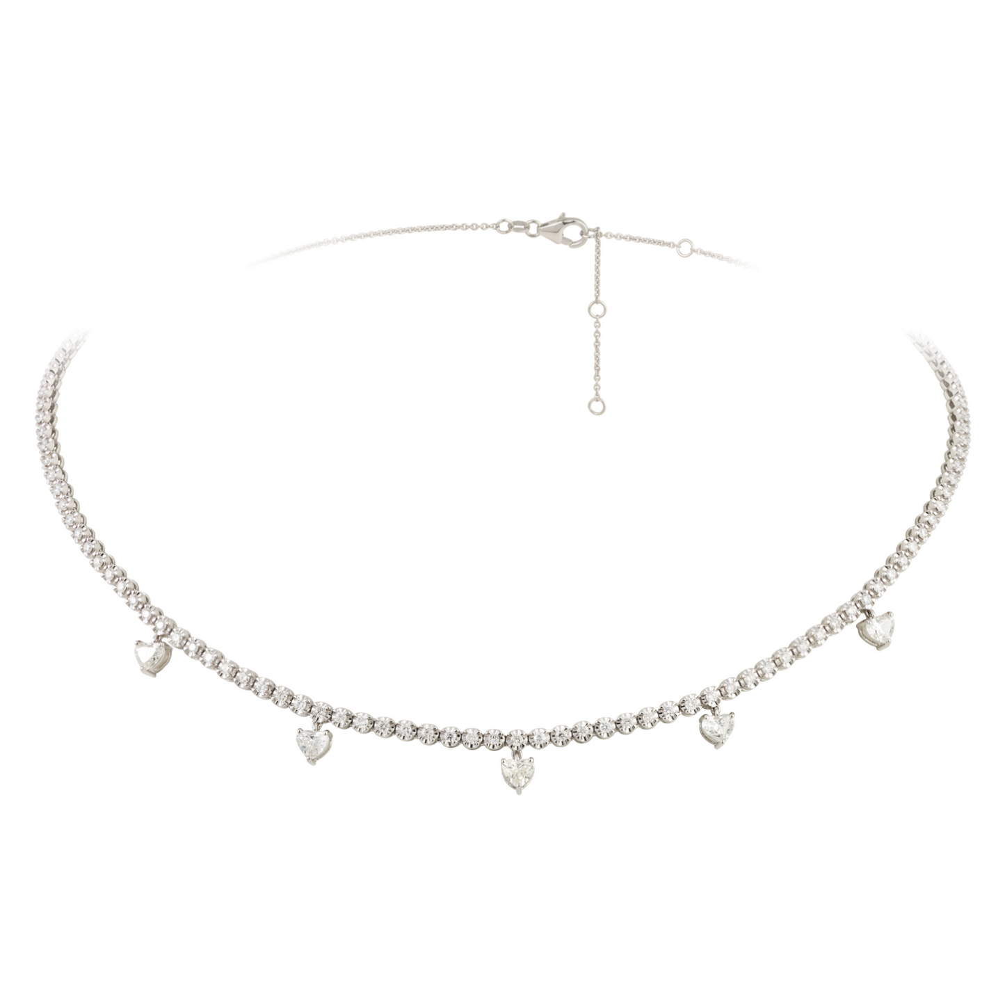 18K White Gold Diamond Heart Shaped Dangling Hearts Choker