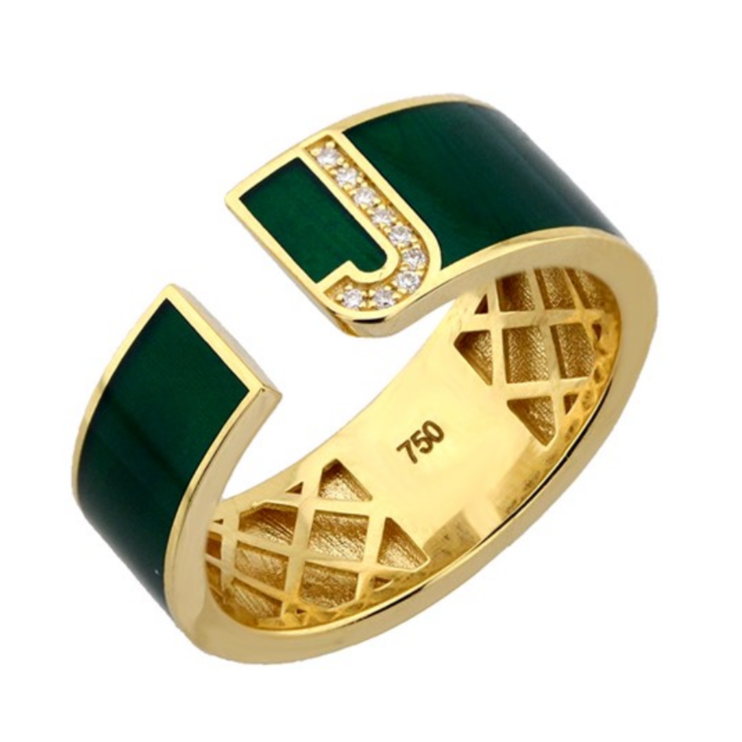 18K Yellow Gold Green Enamel Diamond 'J' Ring
