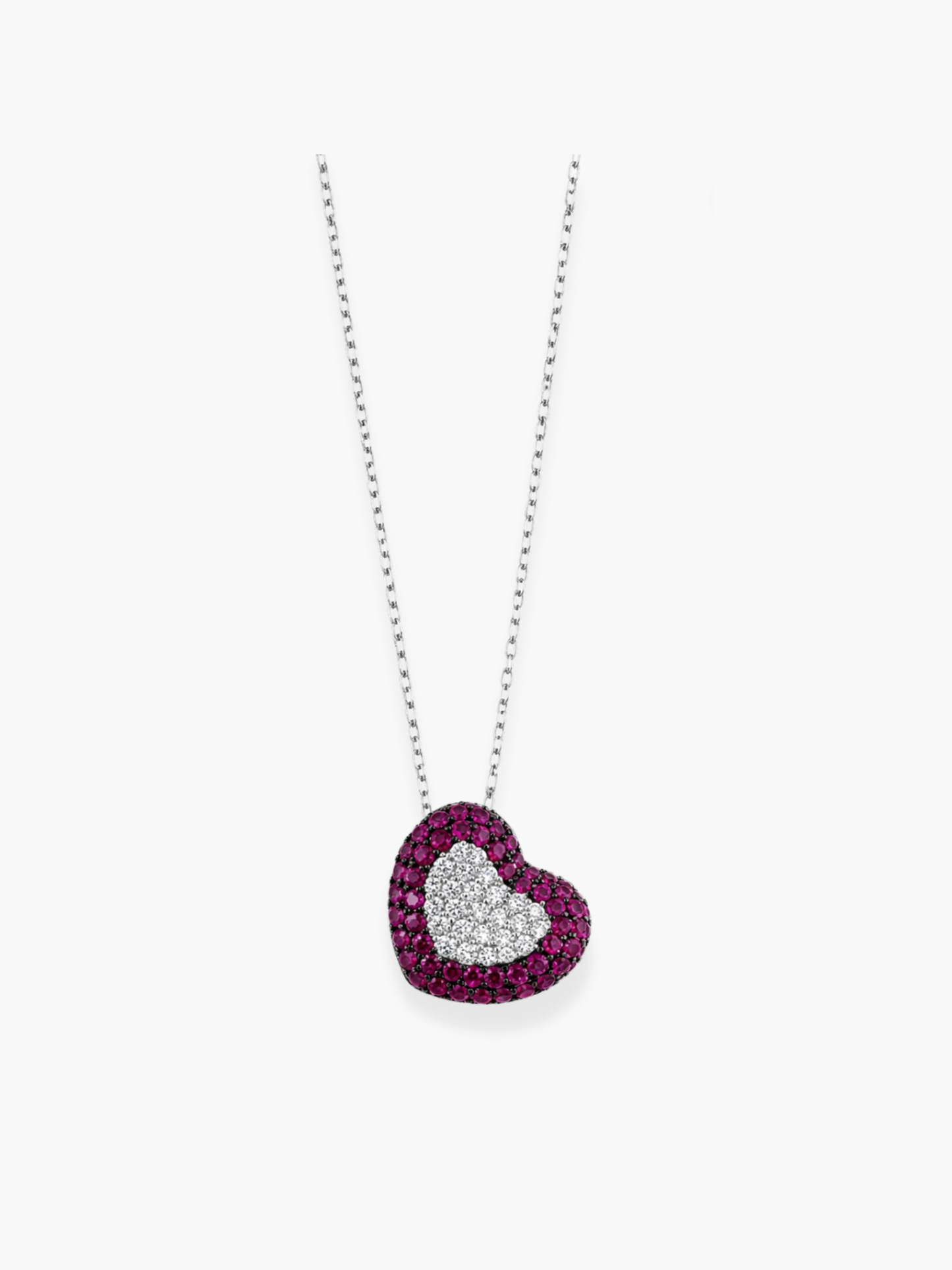 18k White Gold Diamond And Ruby Heart Shaped Pendant Necklace