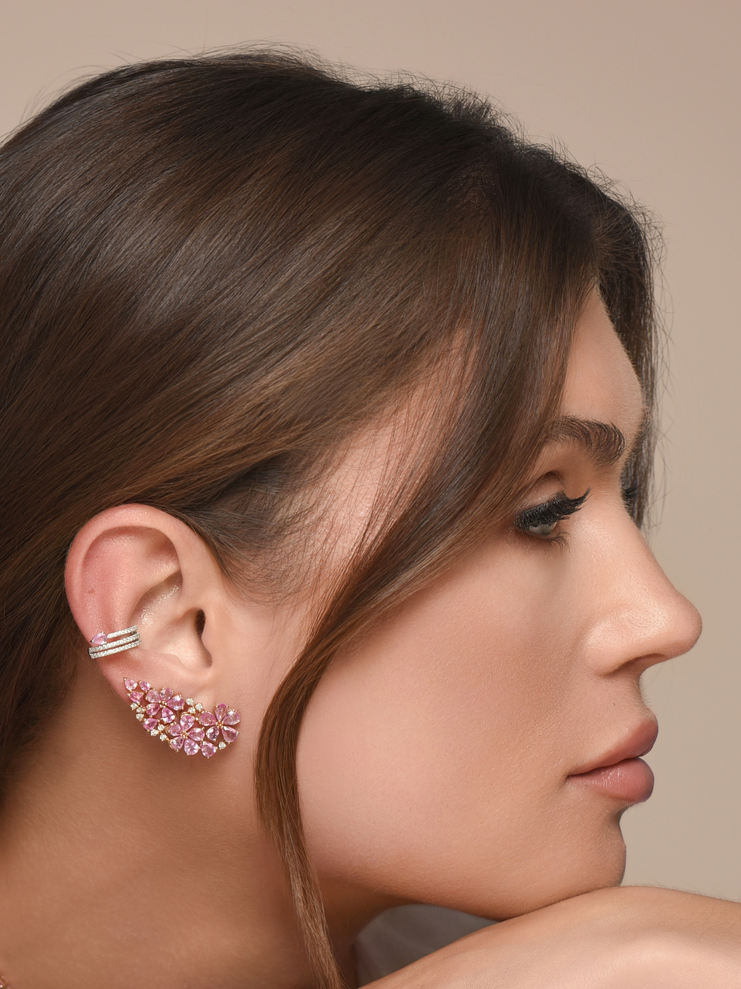 18k Rose Gold Pink Sapphires And Diamonds Flower Shaped Climber Earrings
