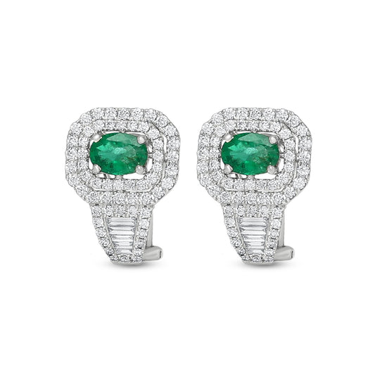 18K White Gold Diamond Emerald Earrings