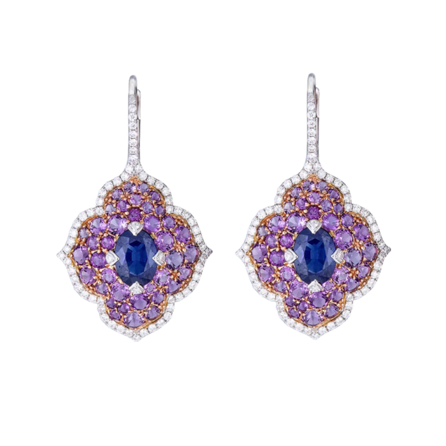 18K White Gold Piranesi Diamond, Amethyst, and Blue Sapphire Earrings