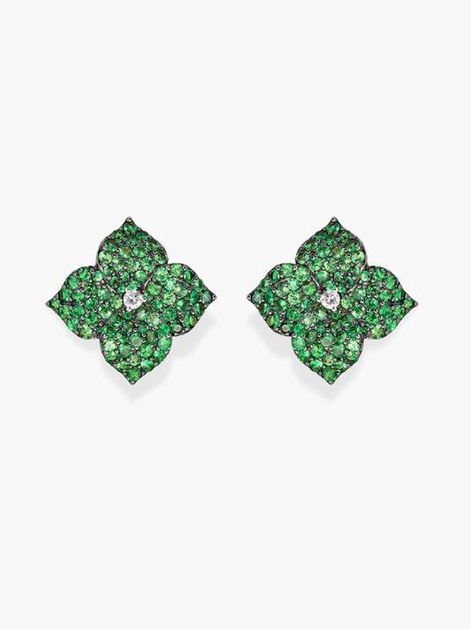 18k Large Size Diamond and Tsavorite Flower Piranesi Earrings