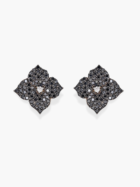 18k Large Size White and Black Diamond Flower Piranesi Earrings
