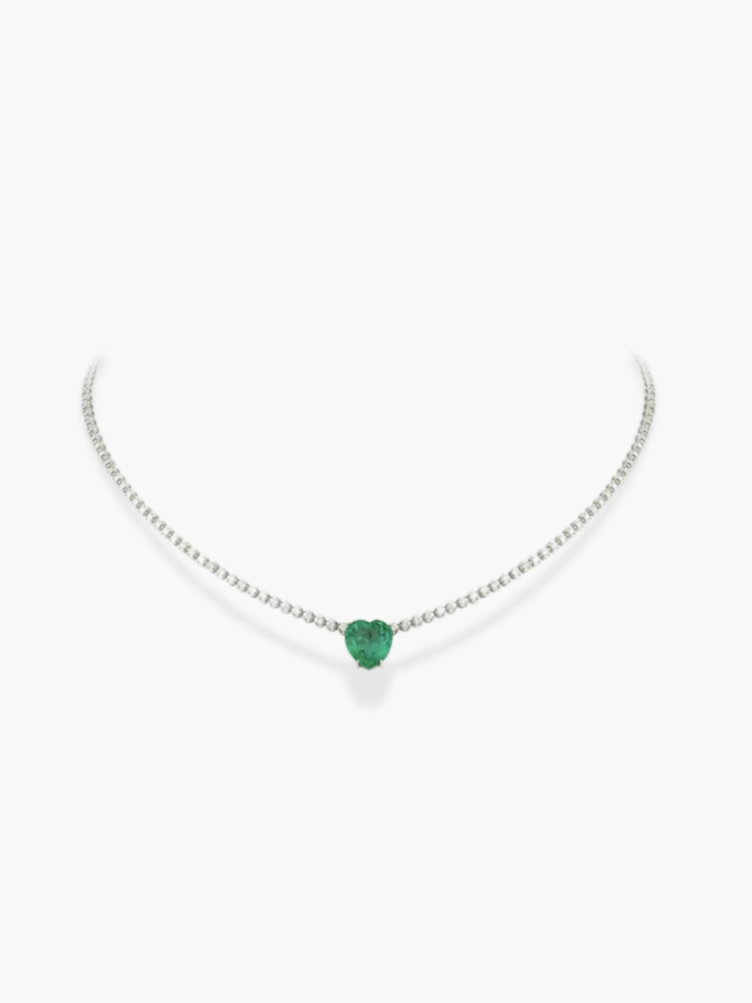 18k white gold diamond and heart shaped emerald necklace