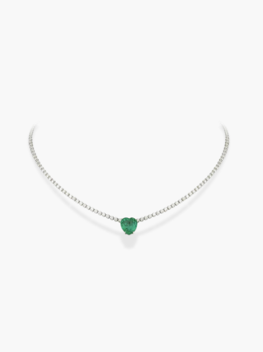 18k white gold diamond and heart shaped emerald necklace