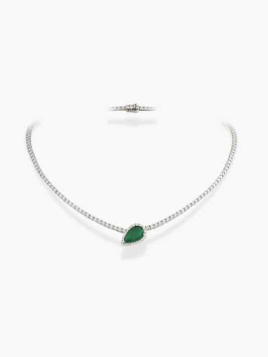 18K WHITE GOLD EMERALD PEAR SHAPED NECKLACE