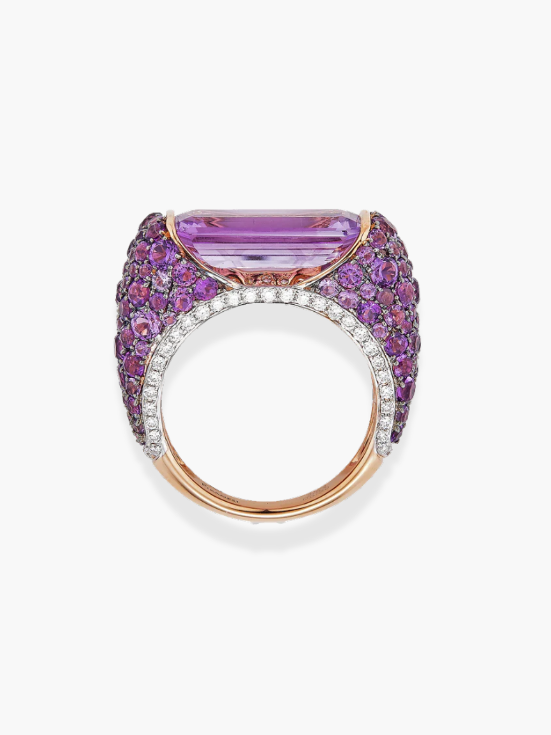 18k Rose Gold Diamond and Amethyst Faceted Stone Piranesi Ring