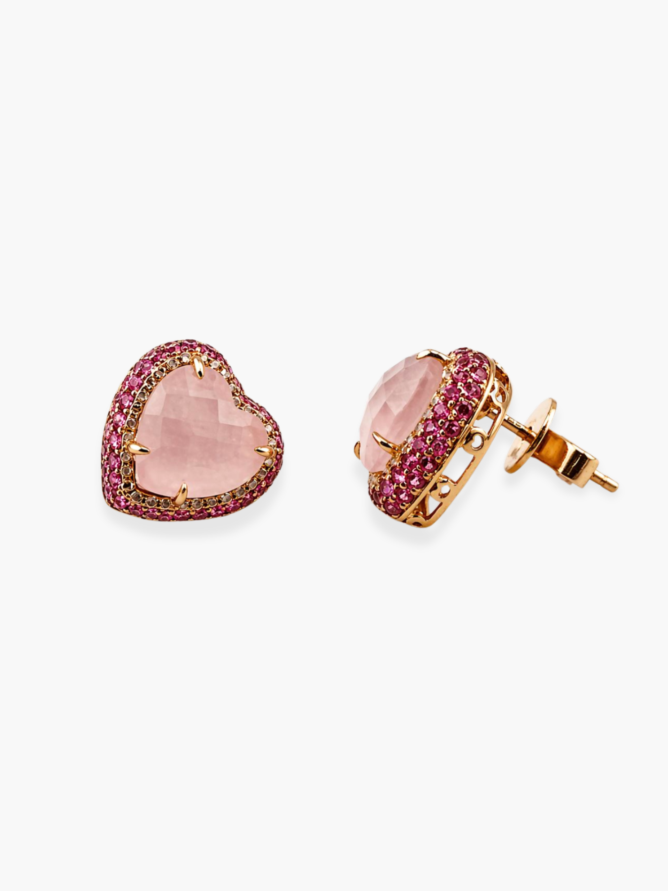 18k Rose Gold Diamond Pink Sapphire and Pink Quartz Heart Earrings