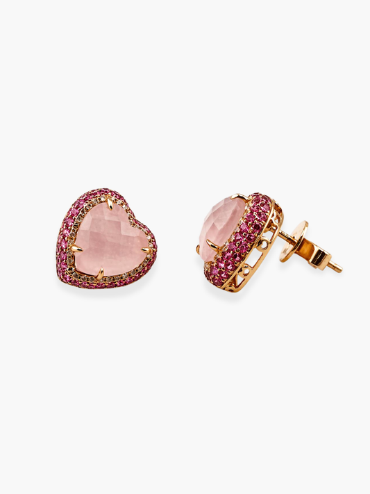18k Rose Gold Diamond Pink Sapphire and Pink Quartz Heart Earrings