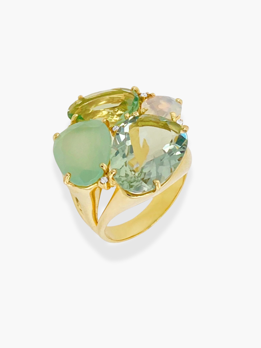 18k Yellow Gold, Prasiolite, Milky Aquamarine, and Opal Quartz Maroaga Ring