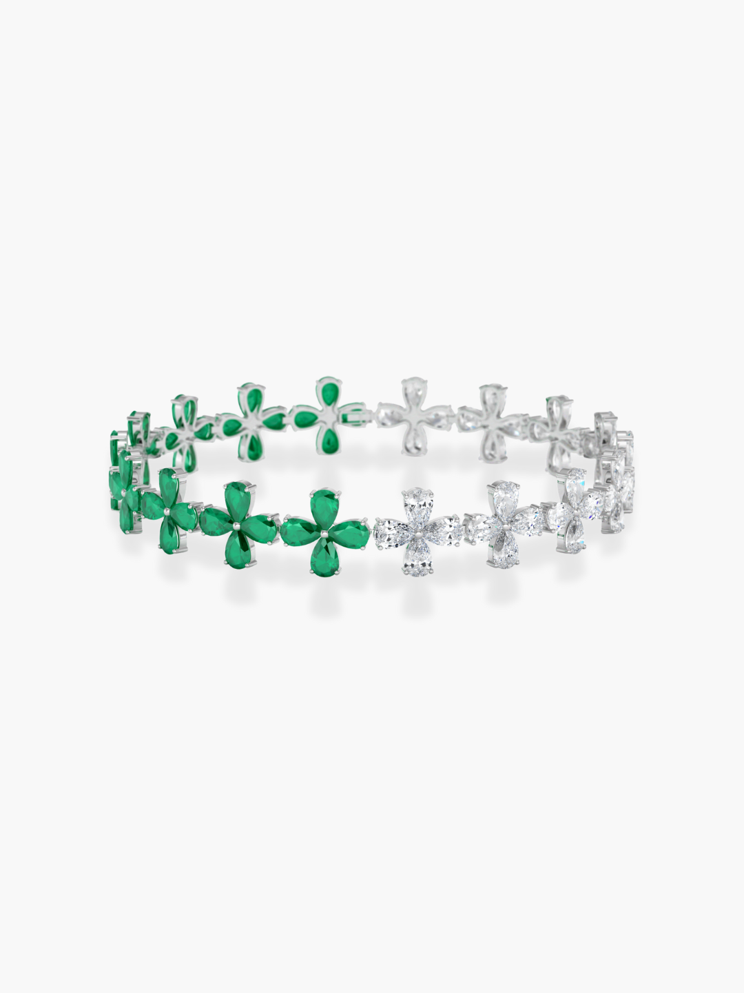 18k White Gold Diamond and Emerald Flower Shape Bracelet
