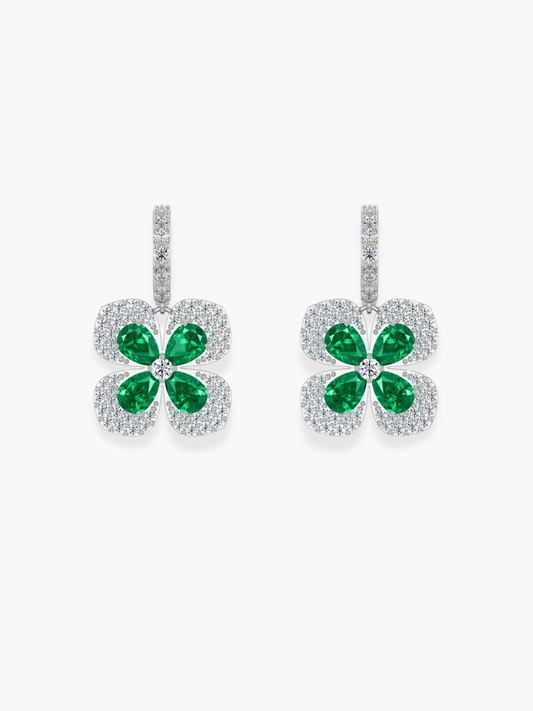 18k White Gold Florea Diamond And Emerald Dangling Earrings