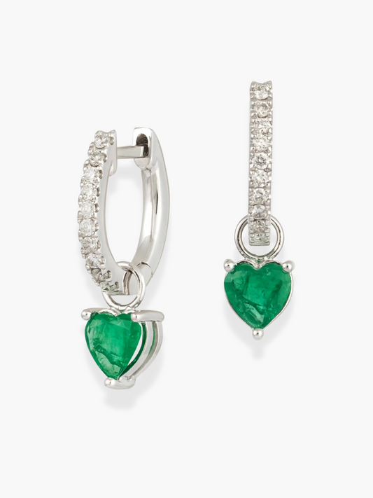 18K White Gold Diamond and Emerald Heart-Shaped Earrings