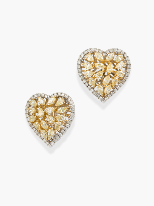 18K White Gold Heart Shaped Fancy Yellow Diamond Earrings