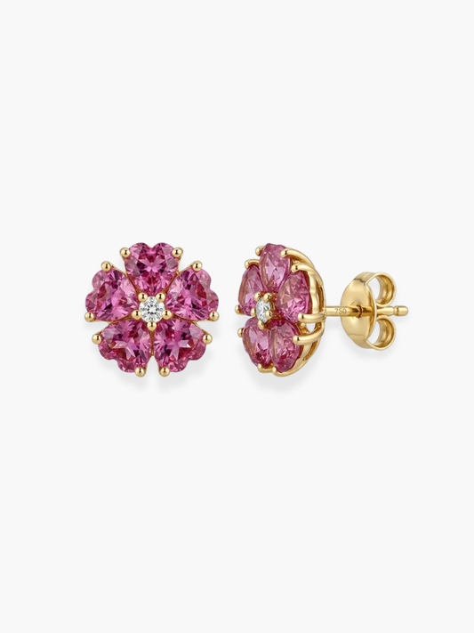 18k Yellow Gold Pink Sapphire Flower Shaped Earrings