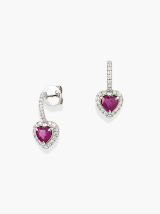 18K White Gold Diamond and Ruby Heart-Shaped Earrings