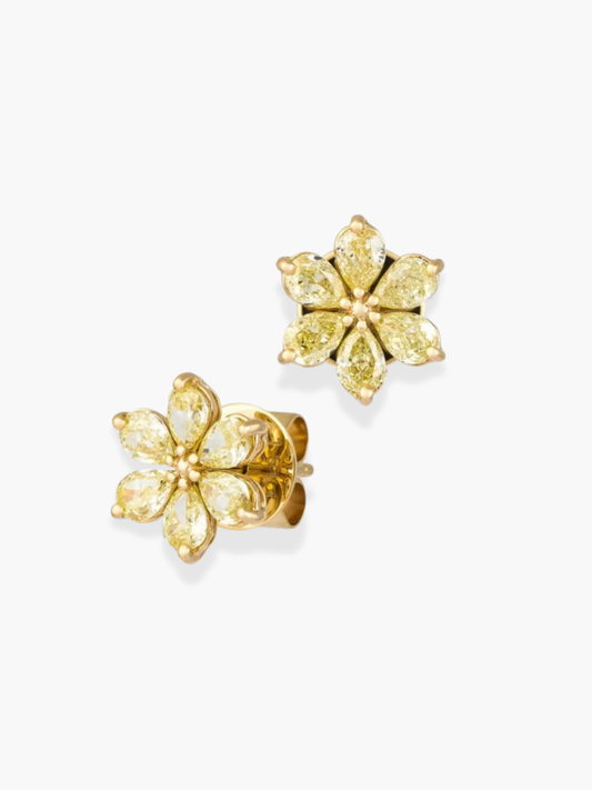 18k Yellow Gold fancy yellow diamond flower shaped earrings