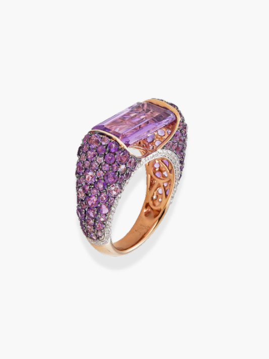 18k Rose Gold Diamond and Amethyst Faceted Stone Ring
