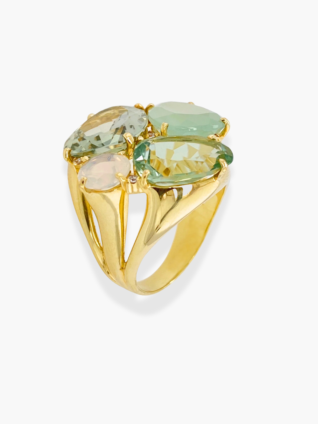 18k Yellow Gold, Prasiolite, Milky Aquamarine, and Opal Quartz Maroaga Ring