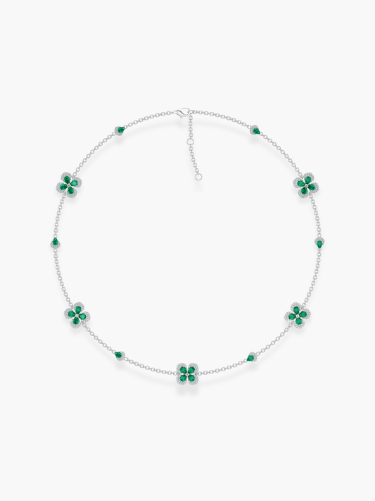 18k White Gold Florea Diamond And Emerald 5 Motif Necklace