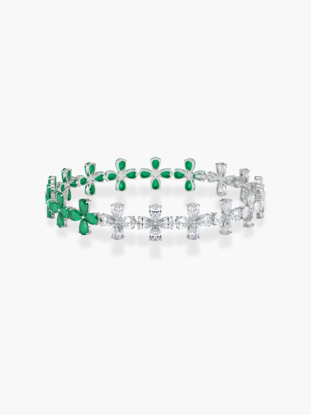 18k White Gold Diamond and Emerald Flower Shape Bracelet