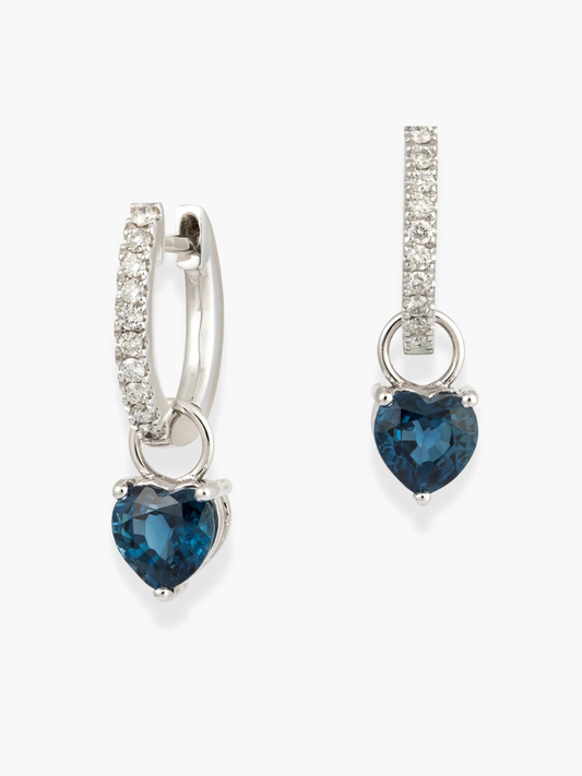 18K White Gold Diamond and Blue Sapphire Heart-Shaped Earrings