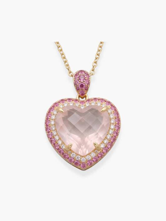 18k Rose Gold Diamond Pink Sapphire and Pink Quartz Pendant Necklace