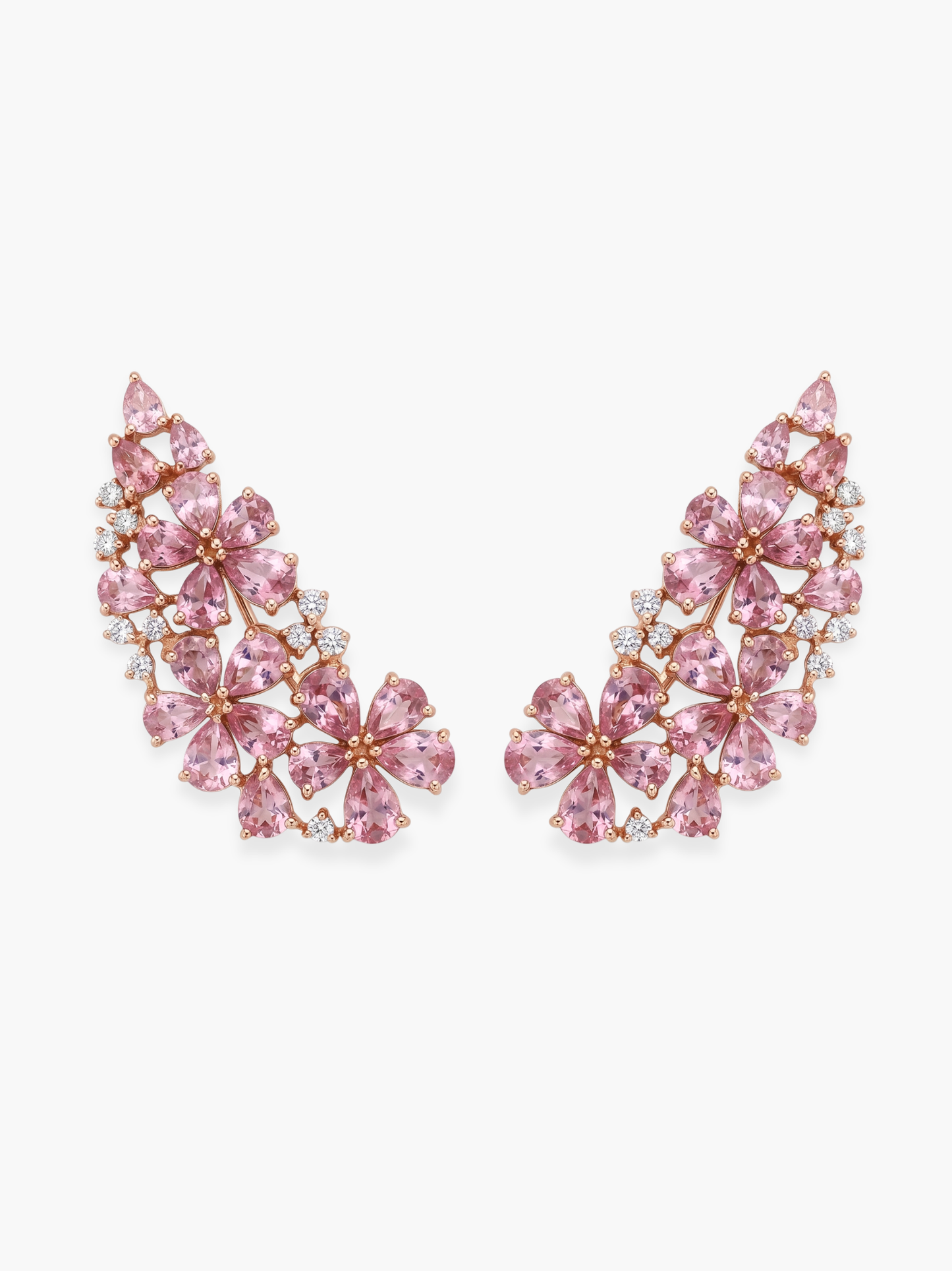 18k Rose Gold Pink Sapphires And Diamonds Flower Shaped Climber Earrings