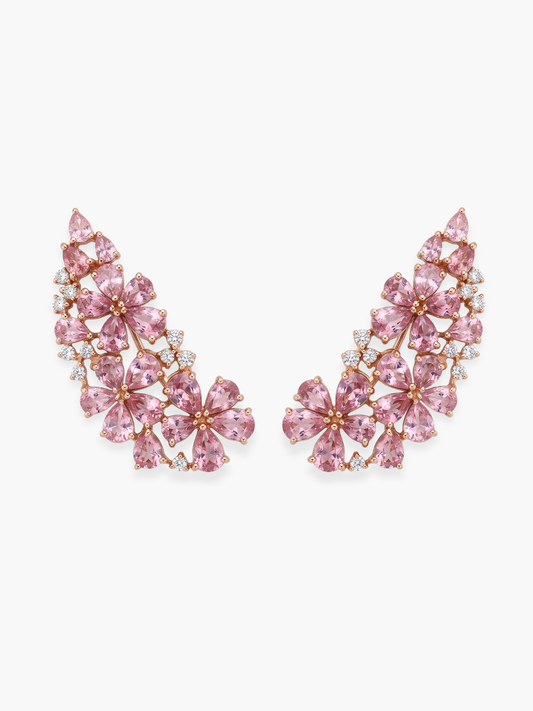 18k Rose Gold Pink Sapphires And Diamonds Flower Shaped Climber Earrings