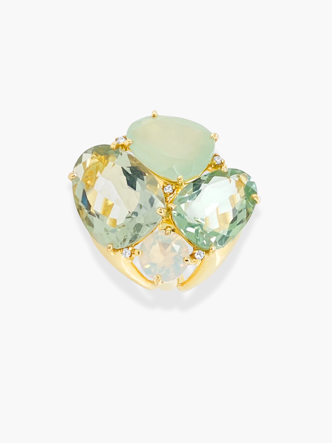 18k Yellow Gold, Prasiolite, Milky Aquamarine, and Opal Quartz Maroaga Ring