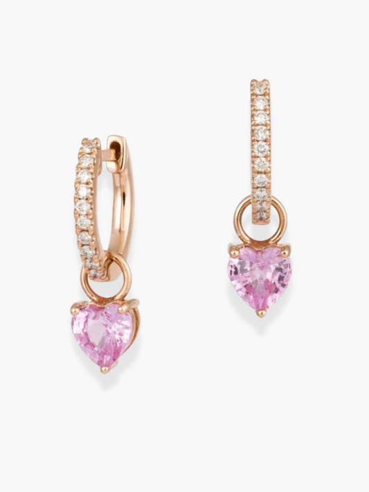 18k Rose Gold Diamond and Pink Sapphire Heart Shaped Hoop Earrings