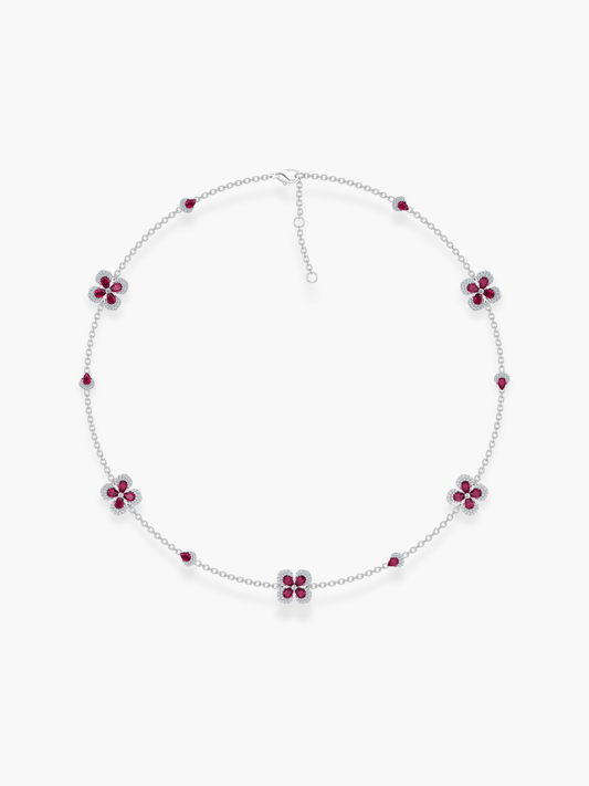 18k White Gold Florea Diamond And Ruby 5 Motif Necklace