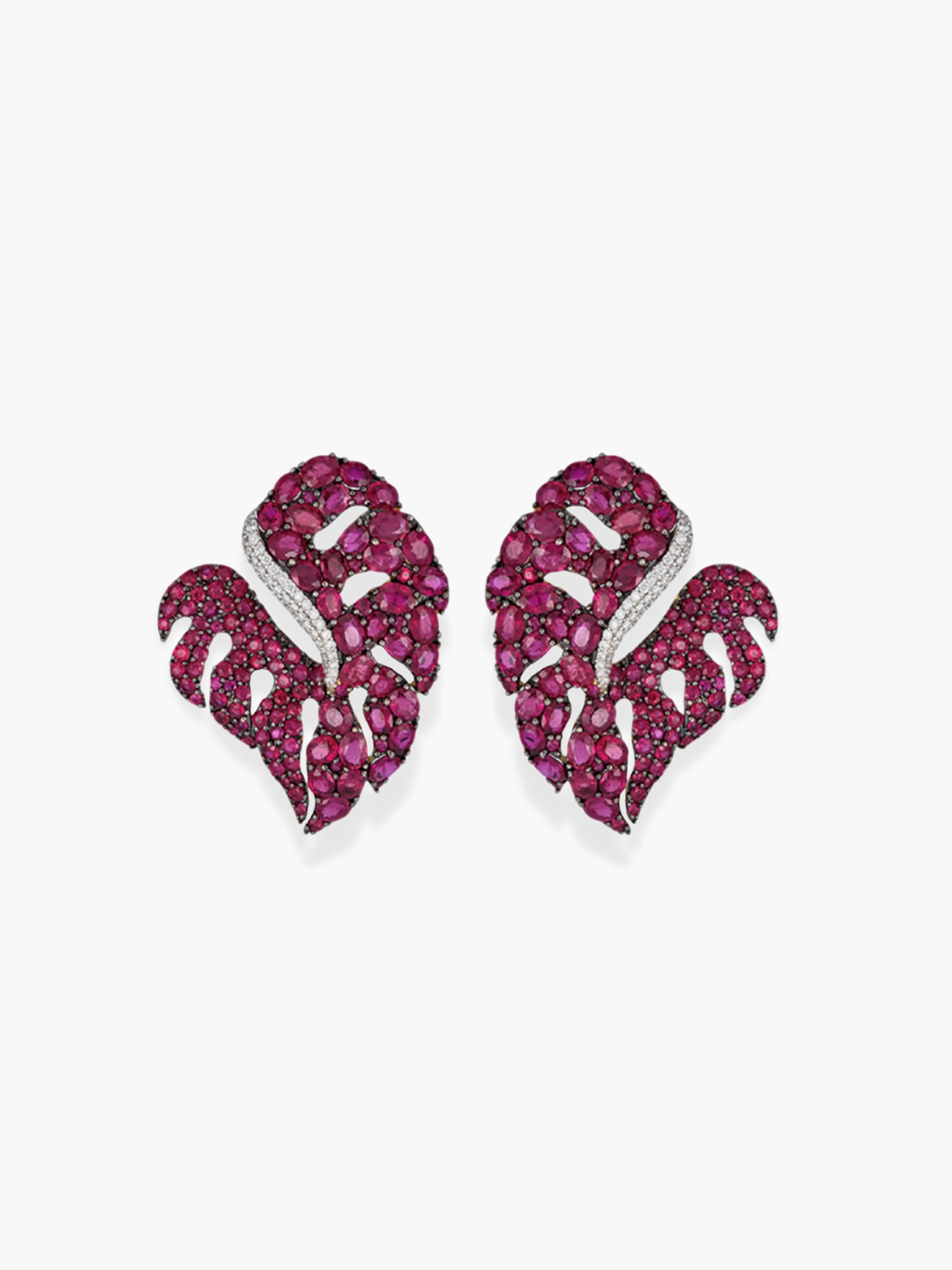 18K White Gold Diamond and Ruby Leaf Shaped Earrings