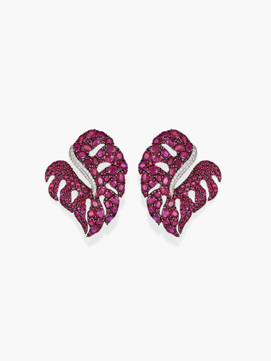 18K White Gold Diamond and Ruby Leaf Shaped Earrings