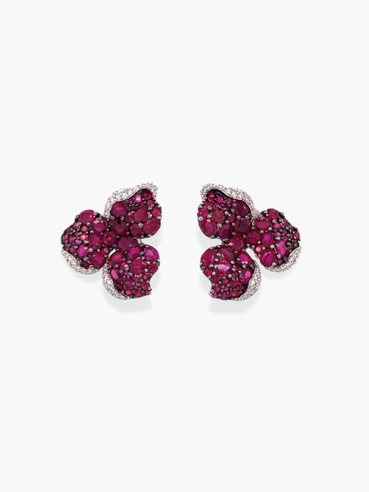 18K white gold diamond and ruby flower shaped earrings