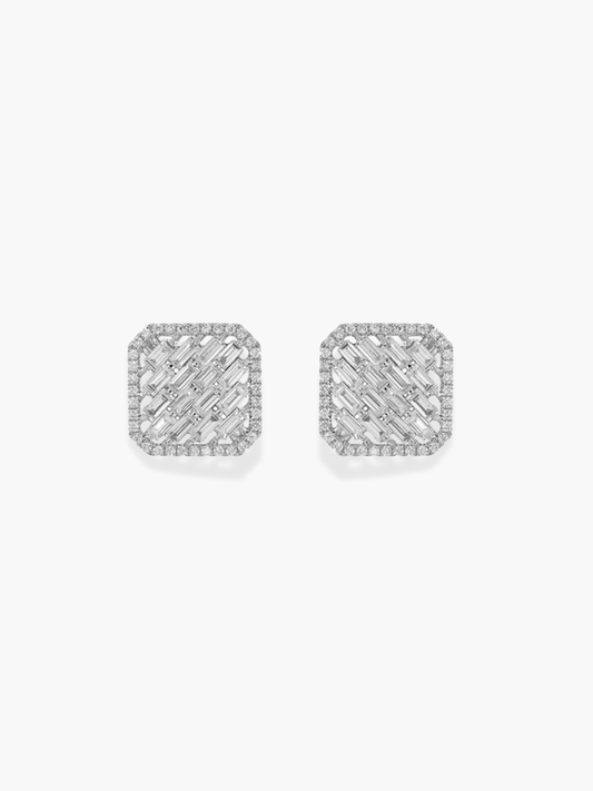 18k white gold squared shaped with baguettes earrings