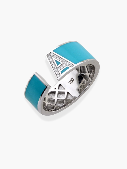18K Yellow Gold Turquoise Enamel 'A' Ring