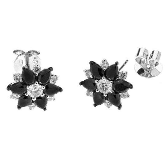 18K Black And White Diamonds Flower Shaped Earrings