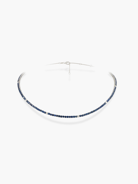 18K White Gold Diamond And Blue Sapphire Choker Necklace