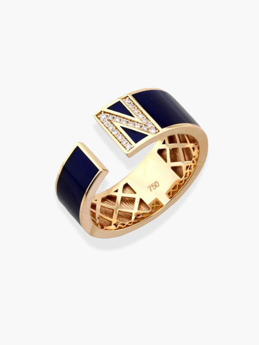 18K White Gold and Black Enamel Initial Ring