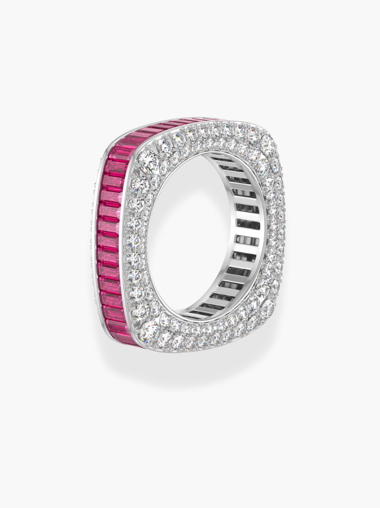 18k White Gold Squared Shape Diamond and Ruby Eternity Band Ring