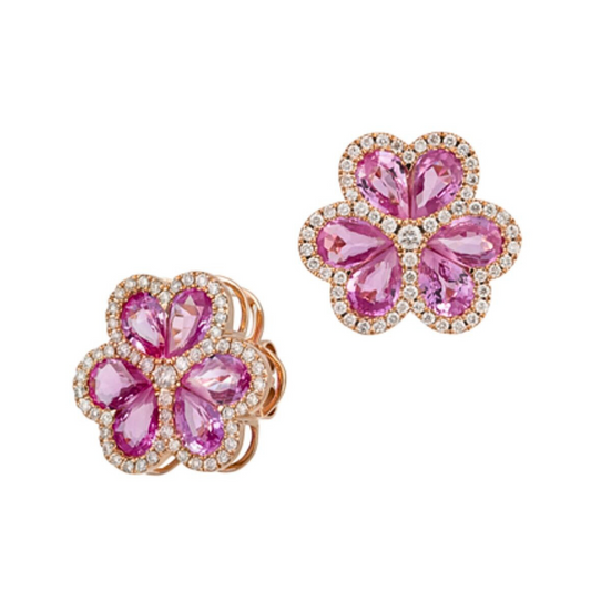 18K Rose Gold Diamond and Pink Sapphire Flower Earrings