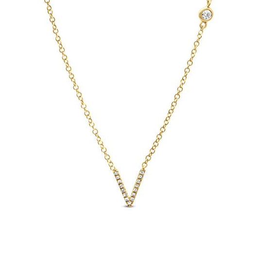 14K Yellow Gold V Initial Diamond Necklace